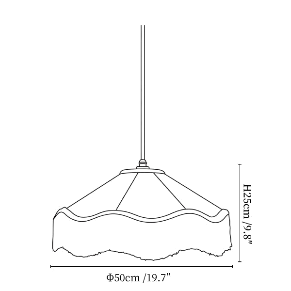 Clérachic pendant light dimension drawing, 2 of 3, every measurement marked in centimetres and inches.