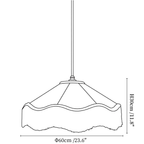 Clérachic pendant light dimension drawing, 3 of 3, every measurement marked in centimetres and inches.