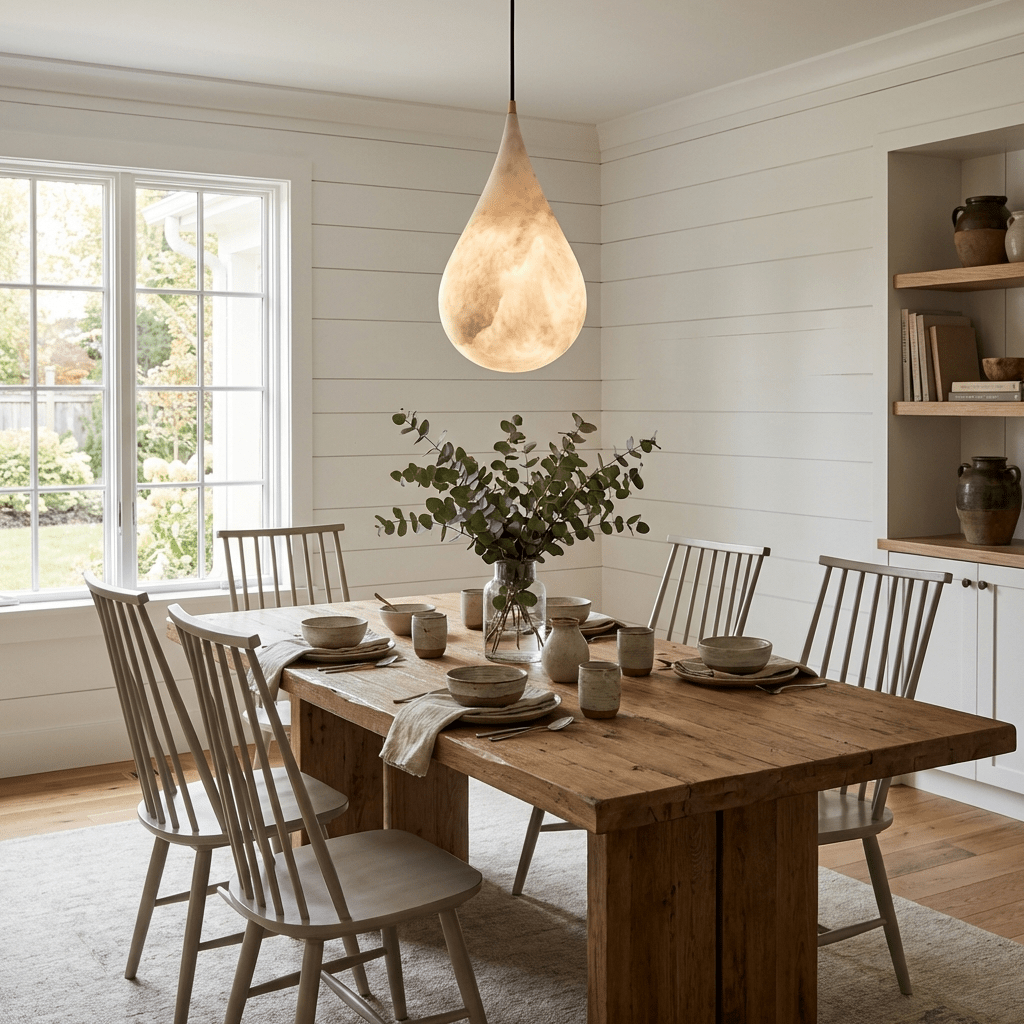 A glowing Clérachic alabaster pendant hangs in a white-panelled dining room above a rustic table with spindle chairs.