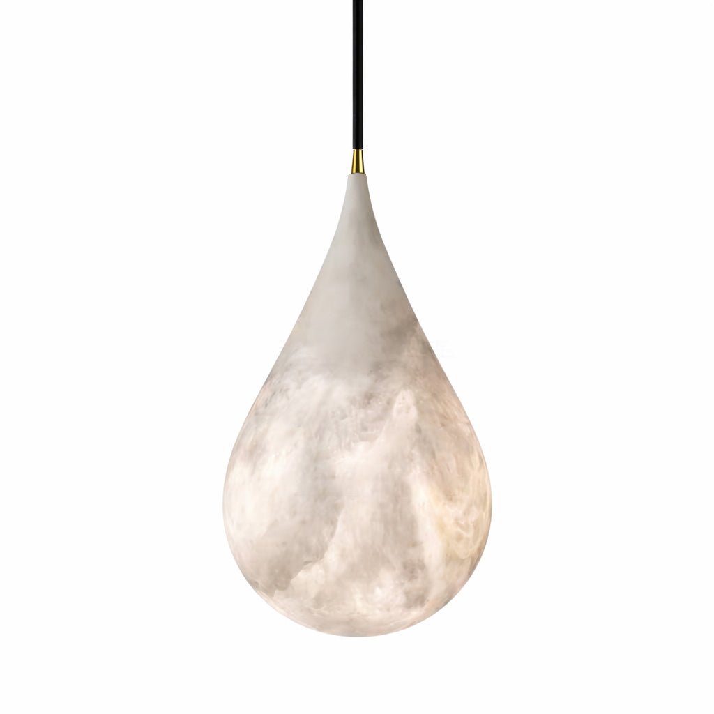 Front view of this Clérachic alabaster drop with grey cloud veining through the white stone, on a white background.
