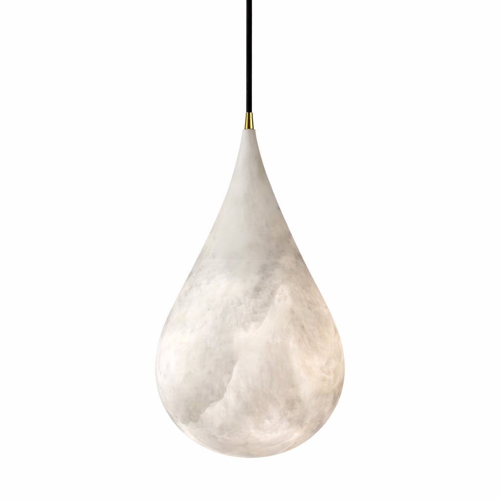 A Clérachic alabaster teardrop with swirling grey and white veining and a brass-tipped black cord, on white.