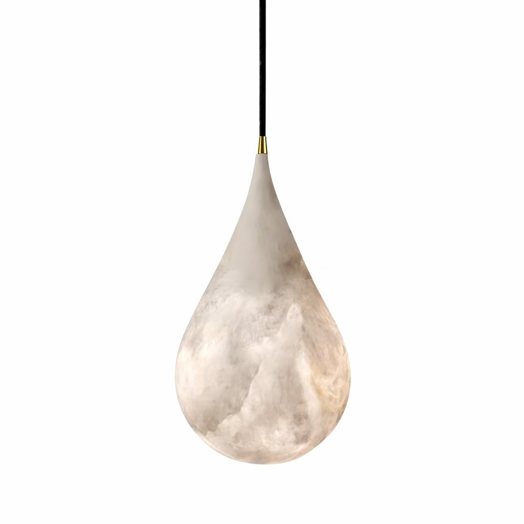 Clérachic teardrop pendant in white alabaster with grey veining, hung from a black cord with a brass tip.