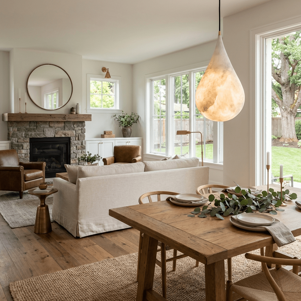 A large lit Clérachic alabaster drop hangs in an open-plan room with a stone fireplace, a sofa and a rustic dining table.