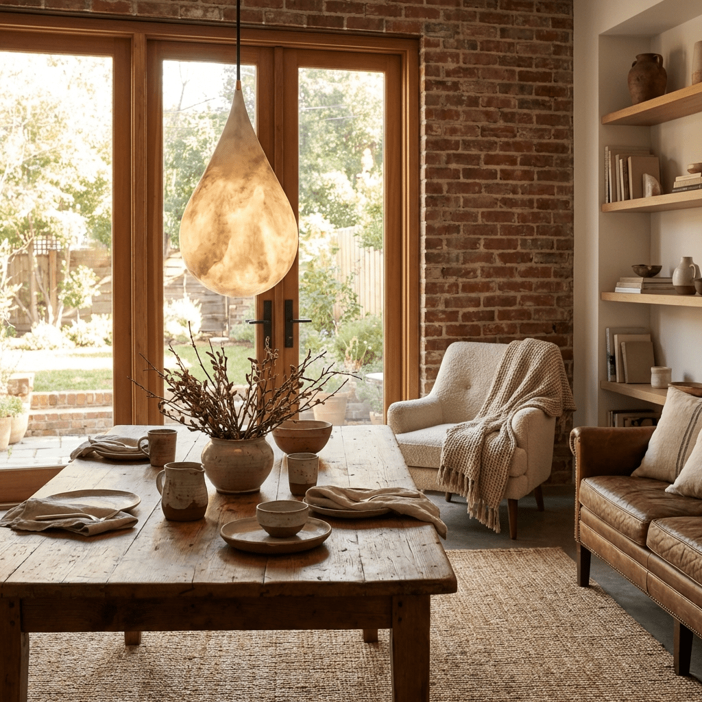 A glowing Clérachic alabaster drop hangs over a rustic table in a room with brick walls and glass doors to a garden.