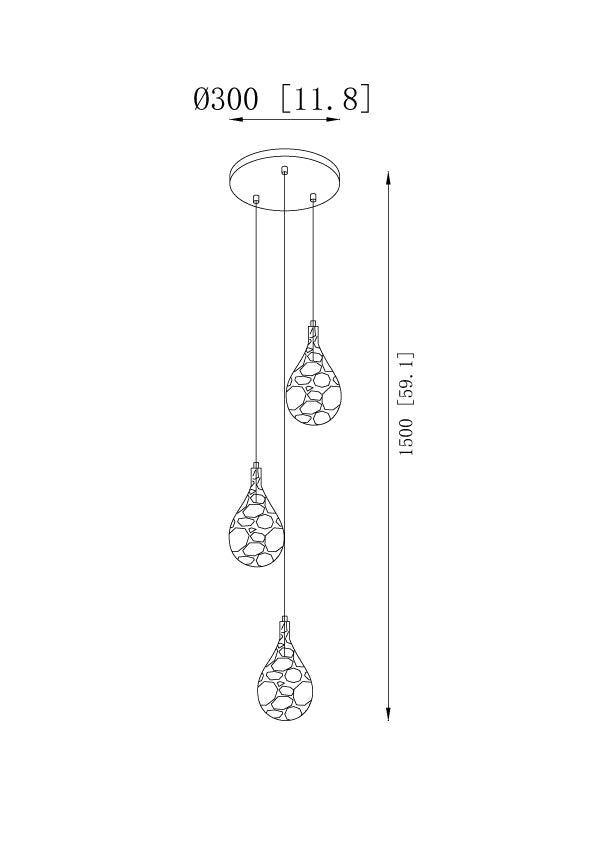 Clérachic pendant light dimension drawing, 1 of 2, every measurement marked in centimetres and inches.