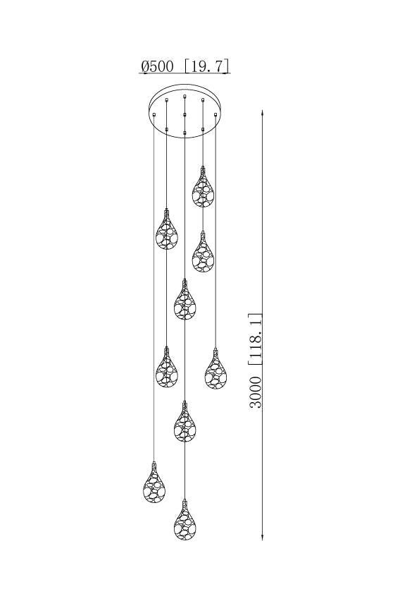 Clérachic pendant light dimension drawing, 2 of 2, every measurement marked in centimetres and inches.