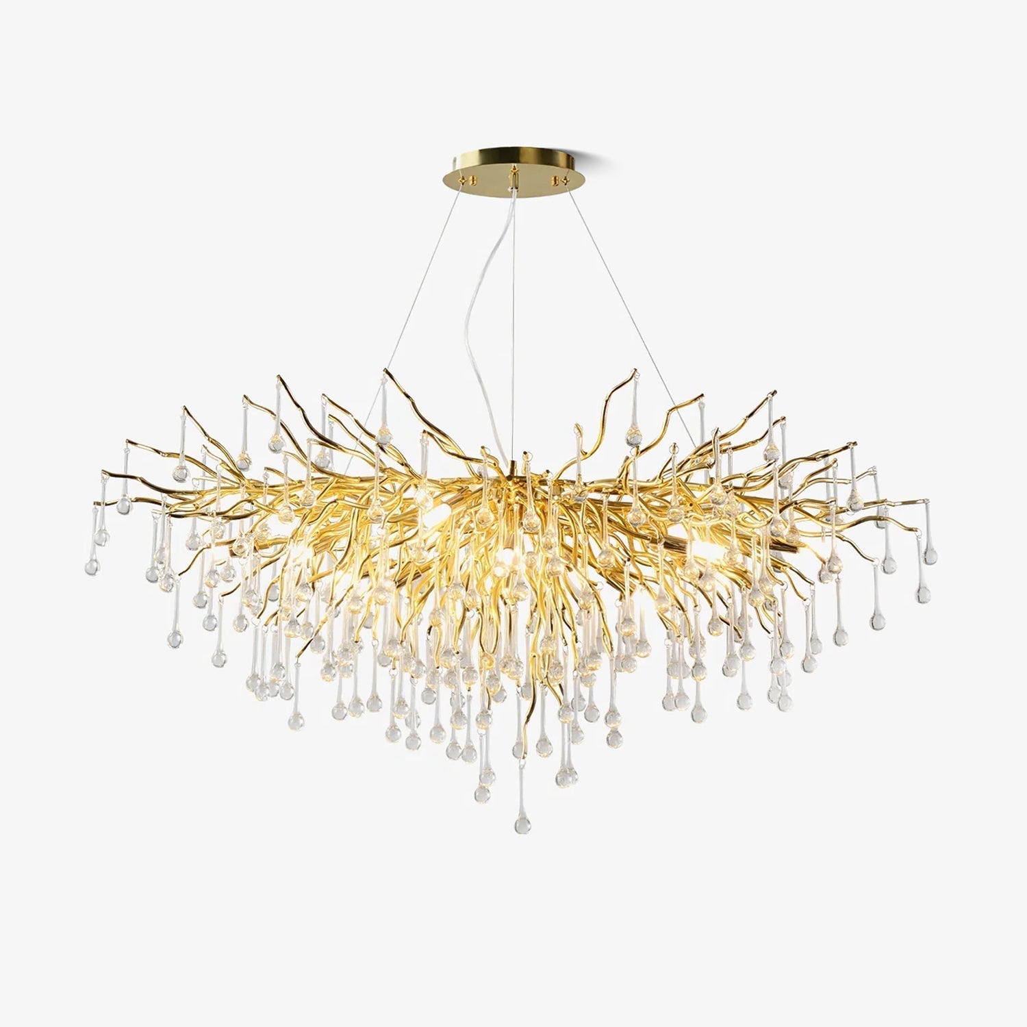 Clérachic teardrop chandelier on white, clear glass drops falling from a wide gold branch frame.