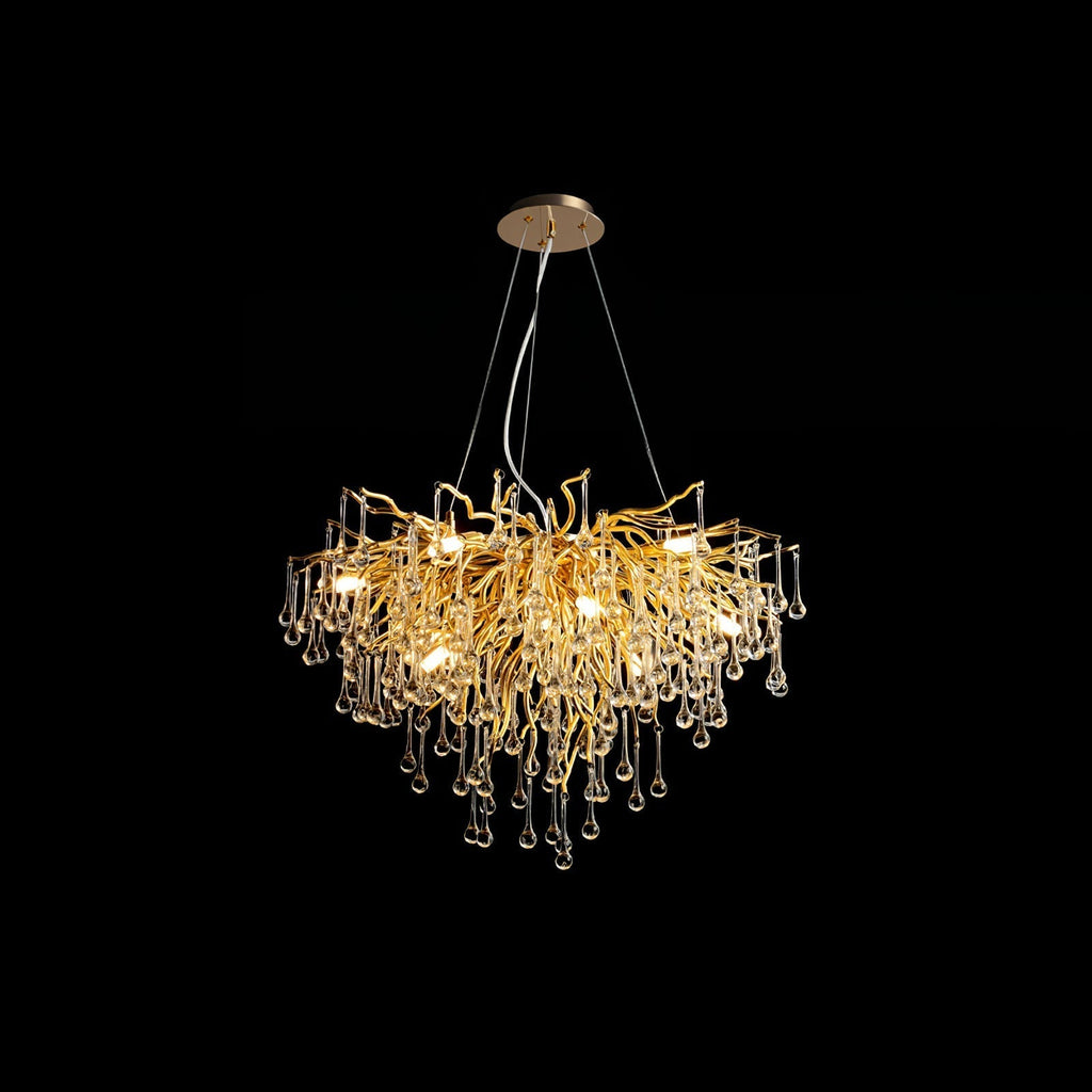 The Clérachic teardrop chandelier on black at a wider size, drops falling in a deeper curtain.