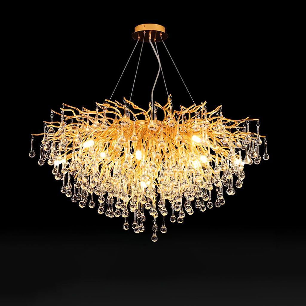 The largest Clérachic teardrop chandelier on black, drops layered several rows deep.