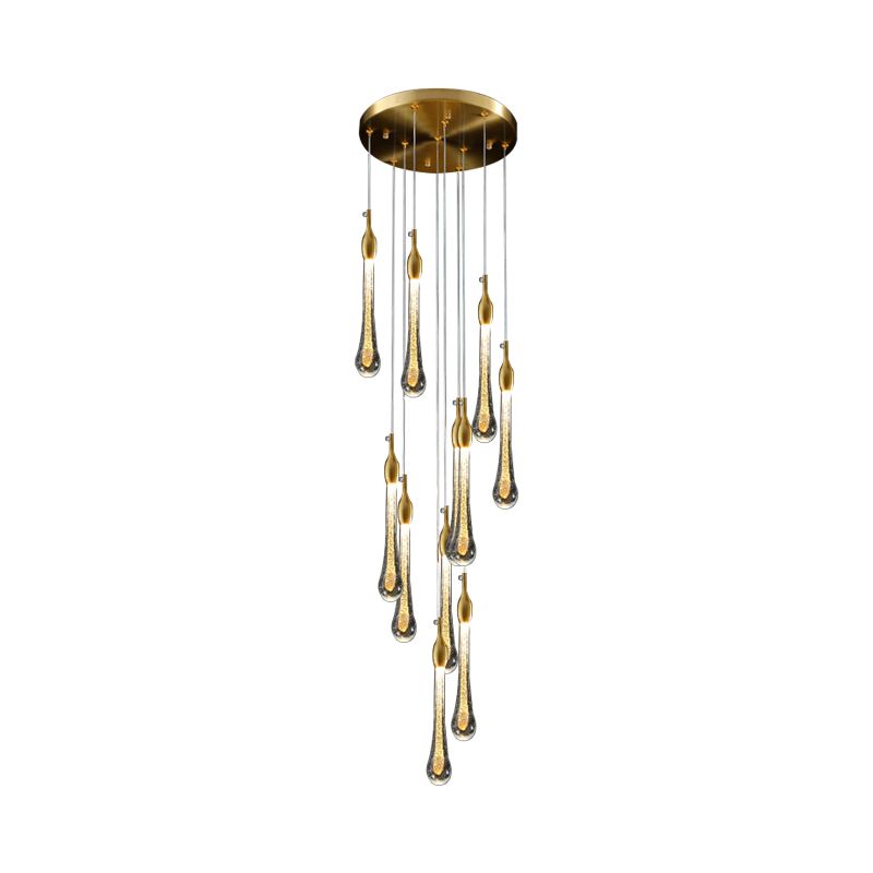 Clérachic Teardrop Crystal Chandelier in the 10-light cluster, gold caps on seeded glass drops against white.