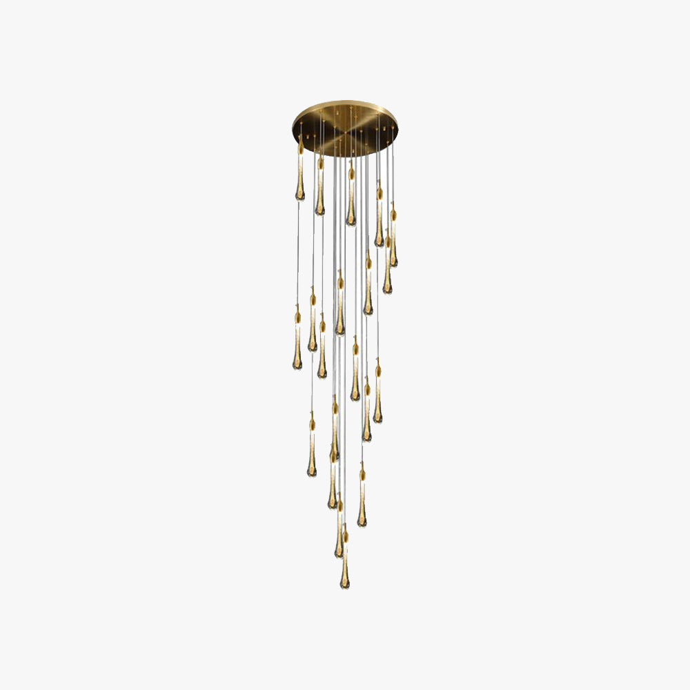 Studio view of the 20-light Clérachic Teardrop Crystal Chandelier, gold canopy and amber-tipped glass drops.