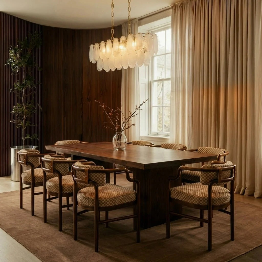 Clérachic linear glass chandelier glowing over a long walnut dining table with upholstered chairs.