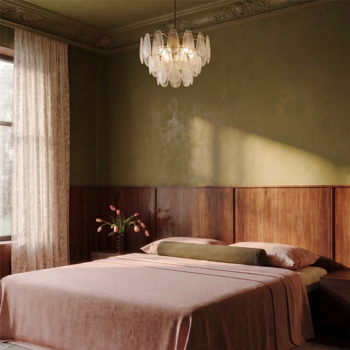 Clérachic round tiered chandelier of frosted glass teardrops hanging in a bedroom with olive walls.