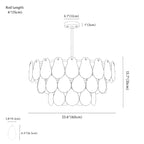 Clérachic chandelier dimension drawing, 9 Lights Round, every measurement marked in centimetres and inches.