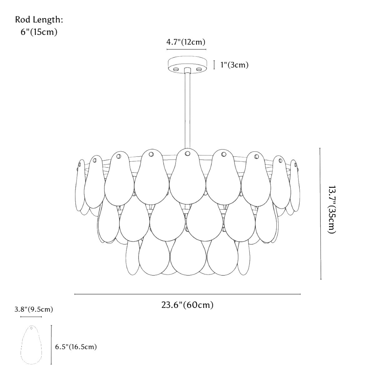 Clérachic chandelier dimension drawing, 9 Lights Round, every measurement marked in centimetres and inches.