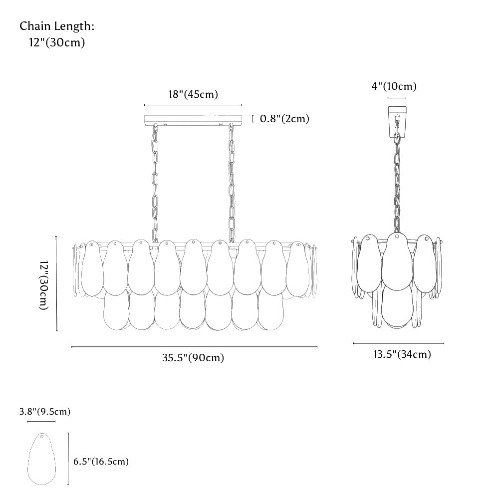 Clérachic chandelier dimension drawing, 10 Lights Linear, every measurement marked in centimetres and inches.