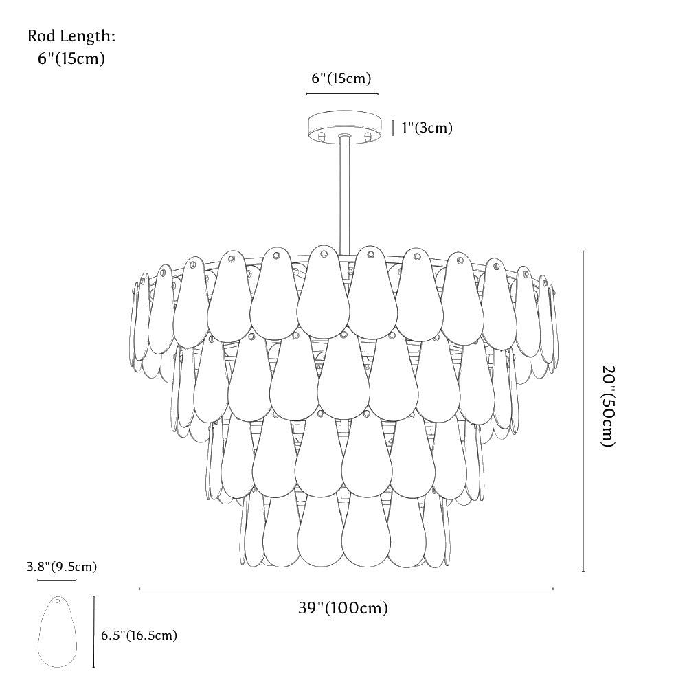 Clérachic chandelier dimension drawing, 21 Lights Round, every measurement marked in centimetres and inches.