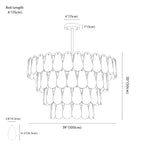 Clérachic chandelier dimension drawing, 21 Lights Round, every measurement marked in centimetres and inches.