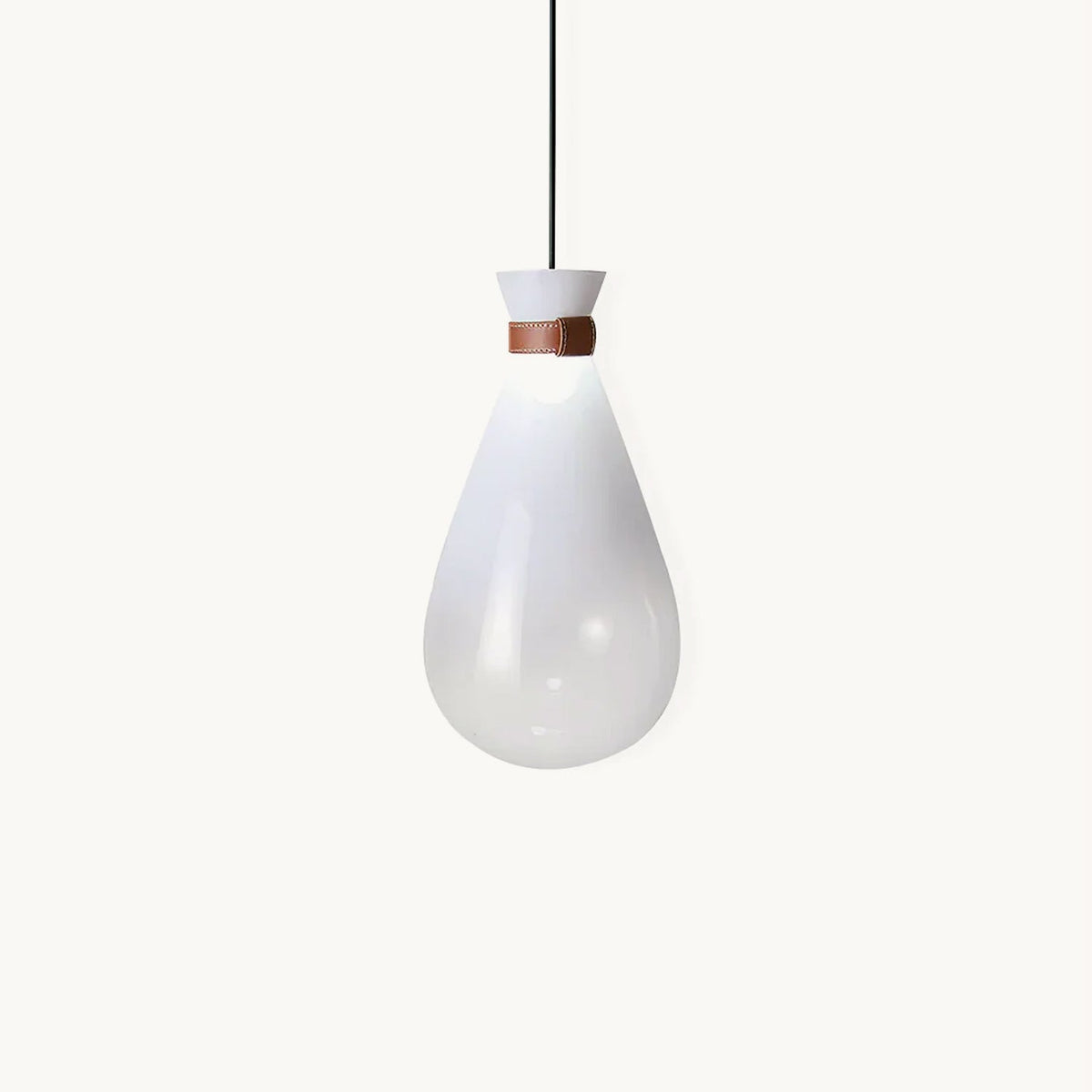White Clérachic teardrop glass pendant on a plain white backdrop, with a tan leather strap at the neck above the frosted bowl.