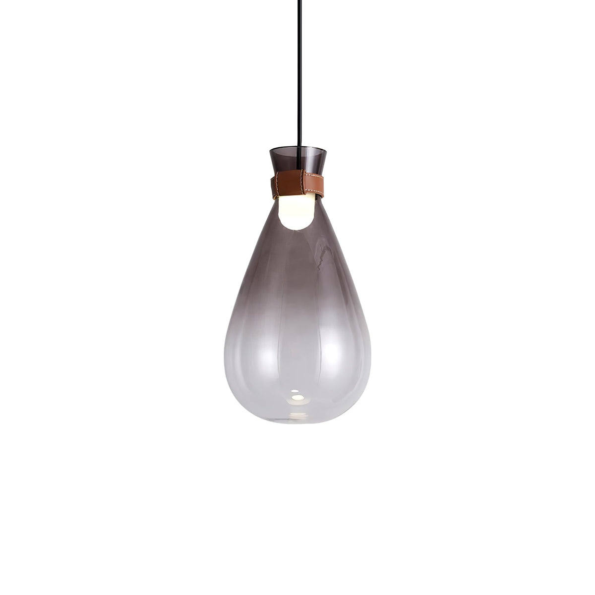 Smoke-grey Clérachic teardrop pendant on a white backdrop, fading from dark at the neck to clear at the base, with a lit bulb.