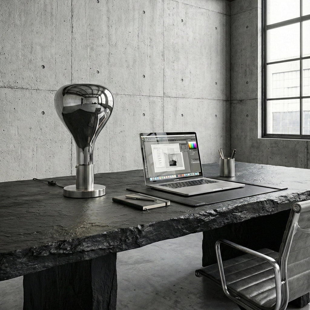 A mirror-chrome teardrop lamp stands on a dark slate desk beside an open laptop, against a raw concrete wall, from Clérachic.