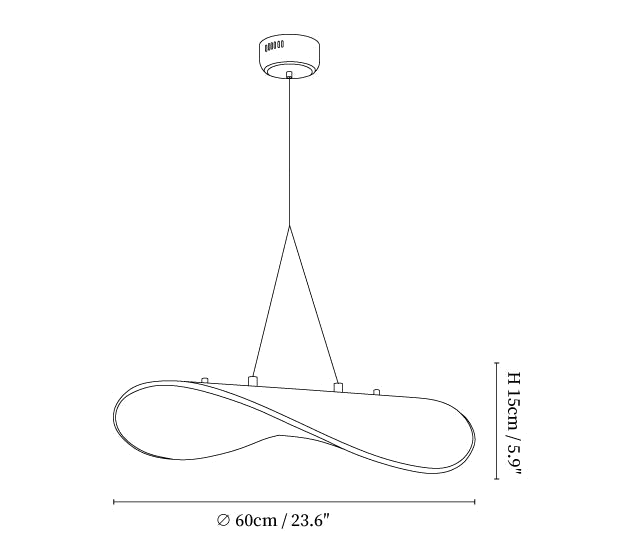 Dimension drawing of this Clérachic silk pendant, with its 15 cm height and 60 cm width marked.