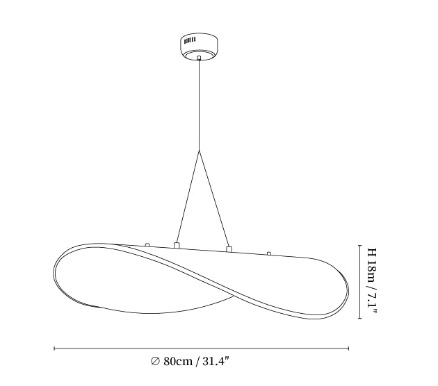 Dimension drawing of this Clérachic silk pendant, with its 18 cm height and 80 cm width marked.