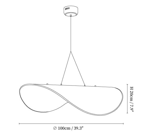 Dimension drawing of this Clérachic silk pendant, with its 20 cm height and 100 cm width marked.