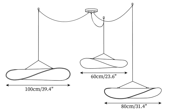 Dimension drawing of a three-head Clérachic silk pendant cluster, with 60 cm, 80 cm and 100 cm widths marked.