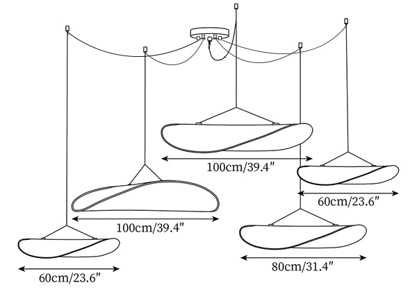 Dimension drawing of a five-head Clérachic silk pendant cluster, with 60 cm, 80 cm and 100 cm widths marked.