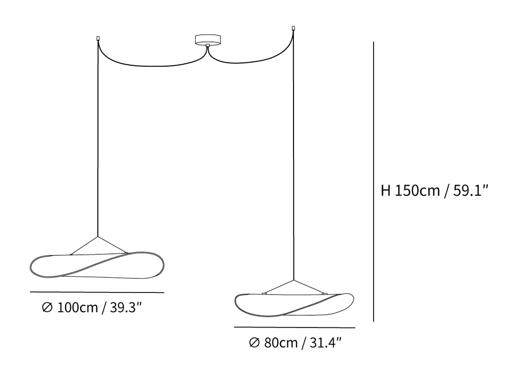 Dimension drawing of a two-head Clérachic silk pendant, with its 100 cm and 80 cm widths and 150 cm drop marked.