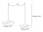 Dimension drawing of a two-head Clérachic silk pendant, with its 100 cm and 80 cm widths and 150 cm drop marked.