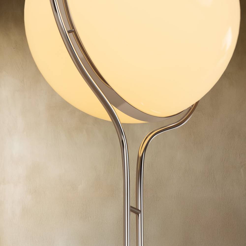 Clérachic floor-to-ceiling lamp in silver, a close view below the globe where the twin rods carry on as a parallel pair, caught by a small collar.