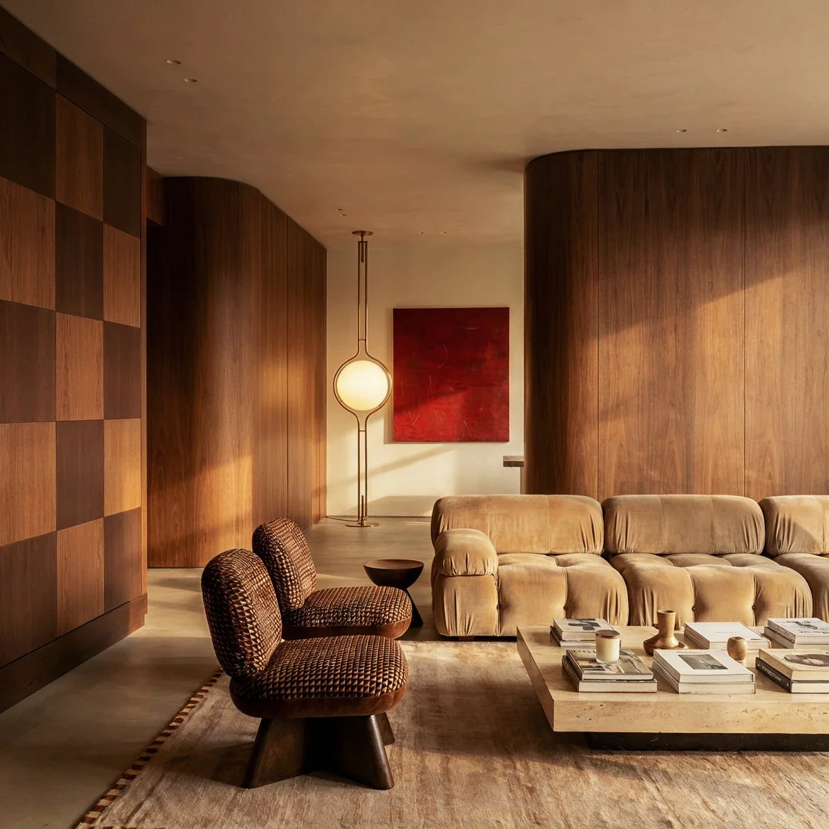 Clérachic floor-to-ceiling lamp in brass, lit in a wood-panelled living room beside a red painting and a tan sectional sofa.