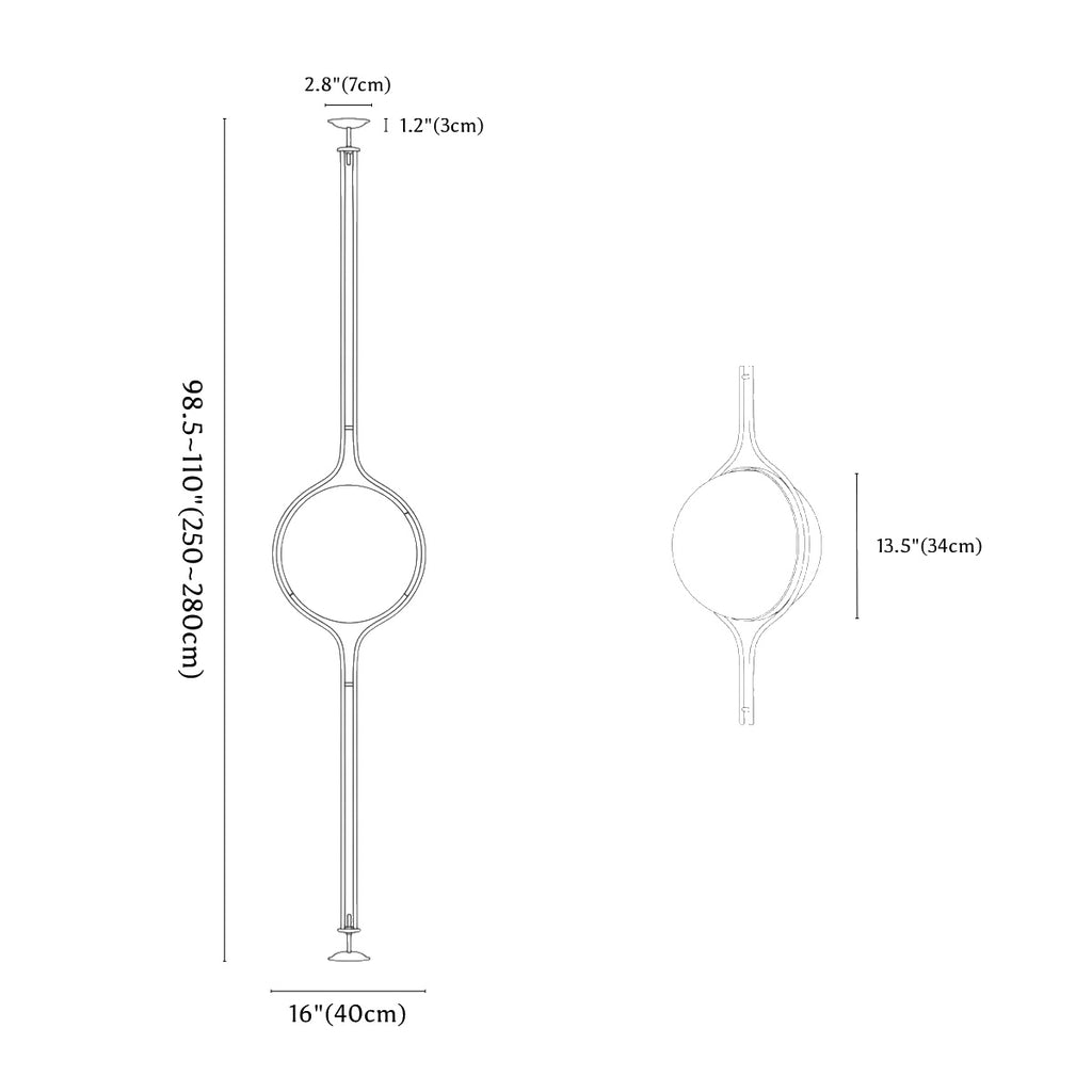 Dimension drawing for the Tension Pole Floor Lamp for Living Room from Clérachic, with the measurements marked.