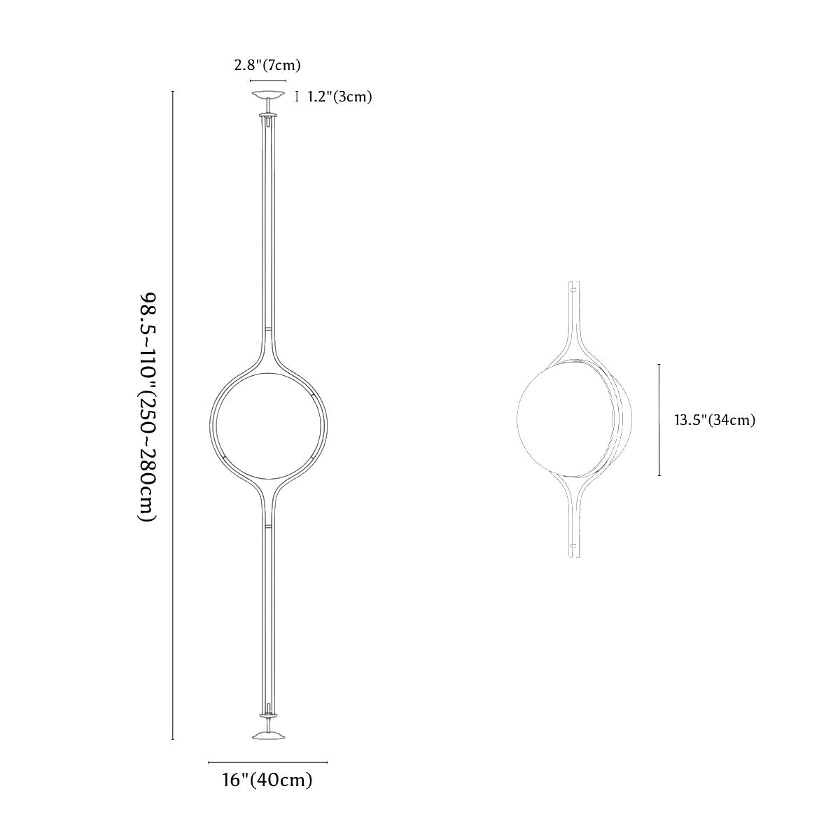 Dimension drawing for the Tension Pole Floor Lamp for Living Room from Clérachic, with the measurements marked.