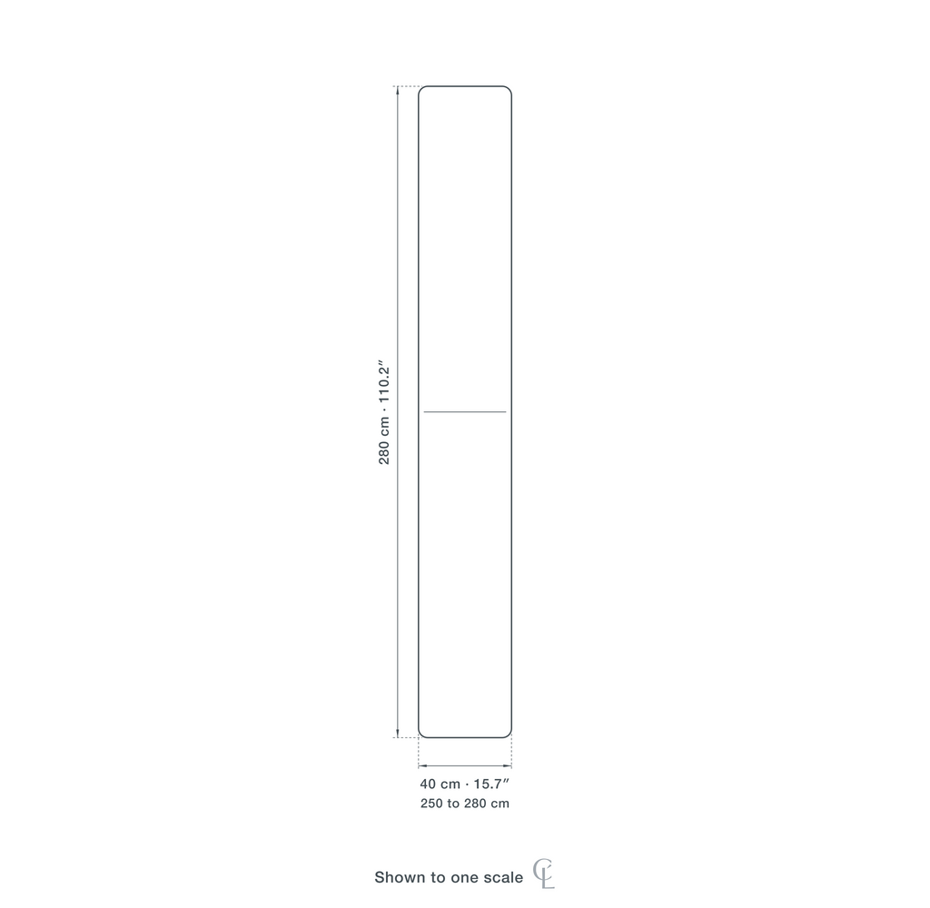 Technical dimension drawing of the Tension Pole Floor Lamp — 40 cm (15.7″) wide, tensioning between 250 and 280 cm (98 to 110.2″) floor to ceiling.