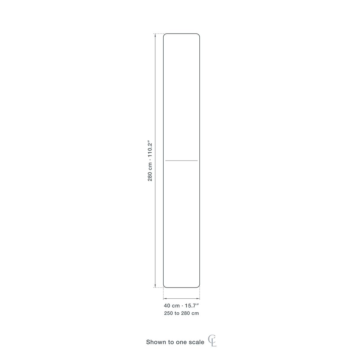 Technical dimension drawing of the Tension Pole Floor Lamp — 40 cm (15.7″) wide, tensioning between 250 and 280 cm (98 to 110.2″) floor to ceiling.