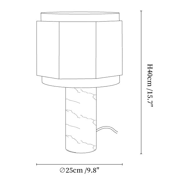 Dimension drawing of the terra hexa table lamp, in outline against white.