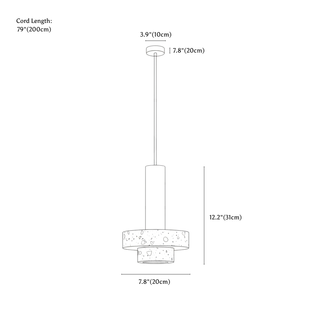 Clérachic pendant light dimension drawing, every measurement marked in centimetres and inches.