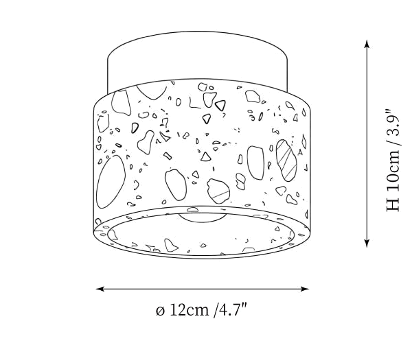 Clérachic ceiling light dimension drawing, every measurement marked in centimetres and inches.