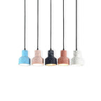 Five Clérachic terrazzo pendants in a row on black cords, in blue, pale pink, black, salmon and white, against a plain white backdrop.