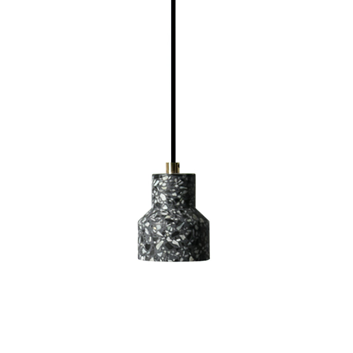 A single charcoal terrazzo pendant from Clérachic with a brass cord fitting hangs on a black cord against white.
