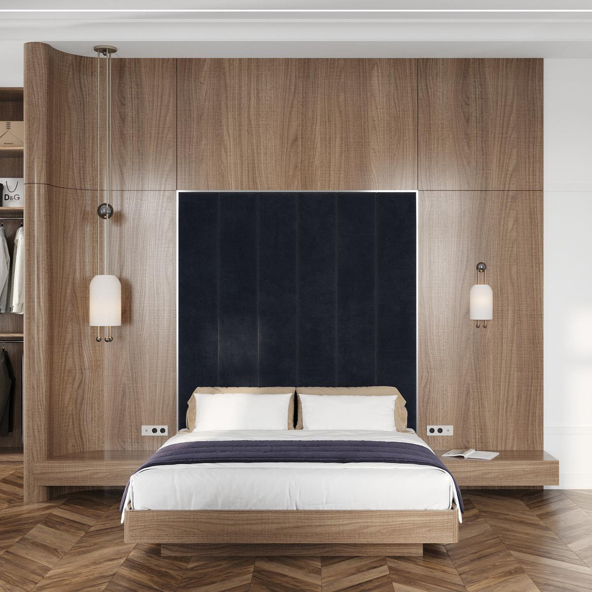 A bedroom with oak wall panels, a navy headboard and two small Clérachic pendants hung either side of the bed.