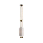 A Clérachic white pendant on a plain white backdrop, with a gold-toned ball on the rods and a small black canopy at the top.