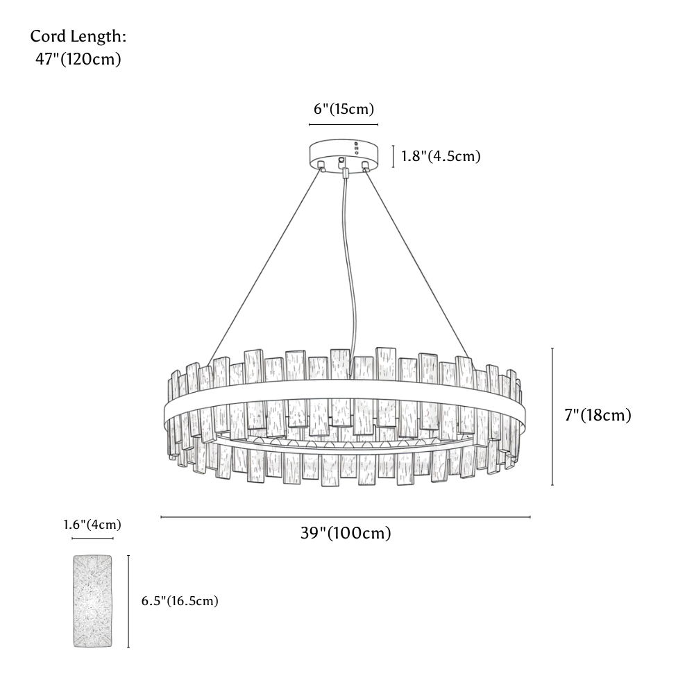 Clérachic chandelier dimension drawing, Round, 120 W, every measurement marked in centimetres and inches.