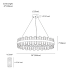 Clérachic chandelier dimension drawing, Round, 120 W, every measurement marked in centimetres and inches.
