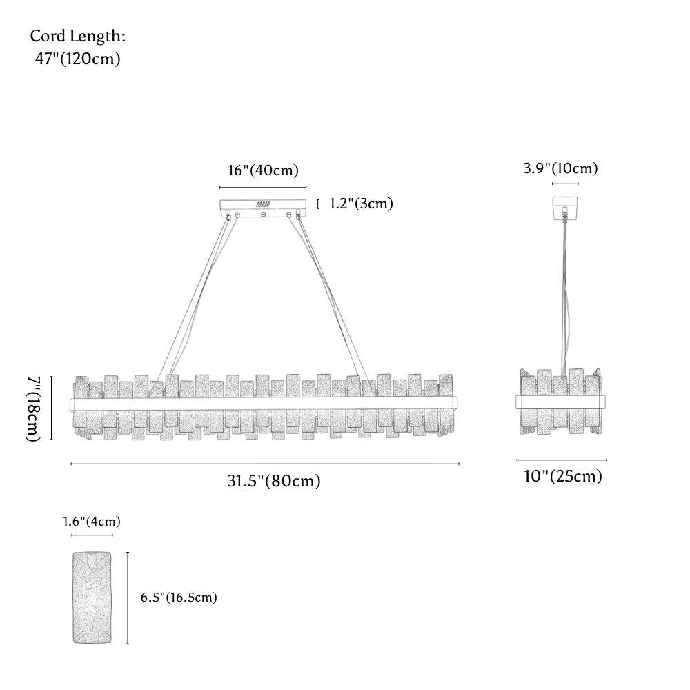 Clérachic chandelier dimension drawing, Linear, 88 W, every measurement marked in centimetres and inches.