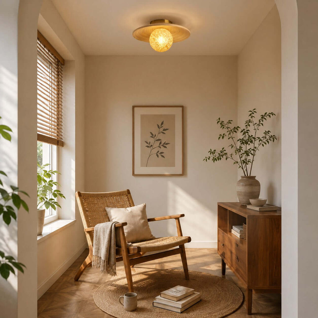 This Clérachic ceiling light with a bamboo disc and yellow globe lights a sunny reading corner with a rattan chair and books.