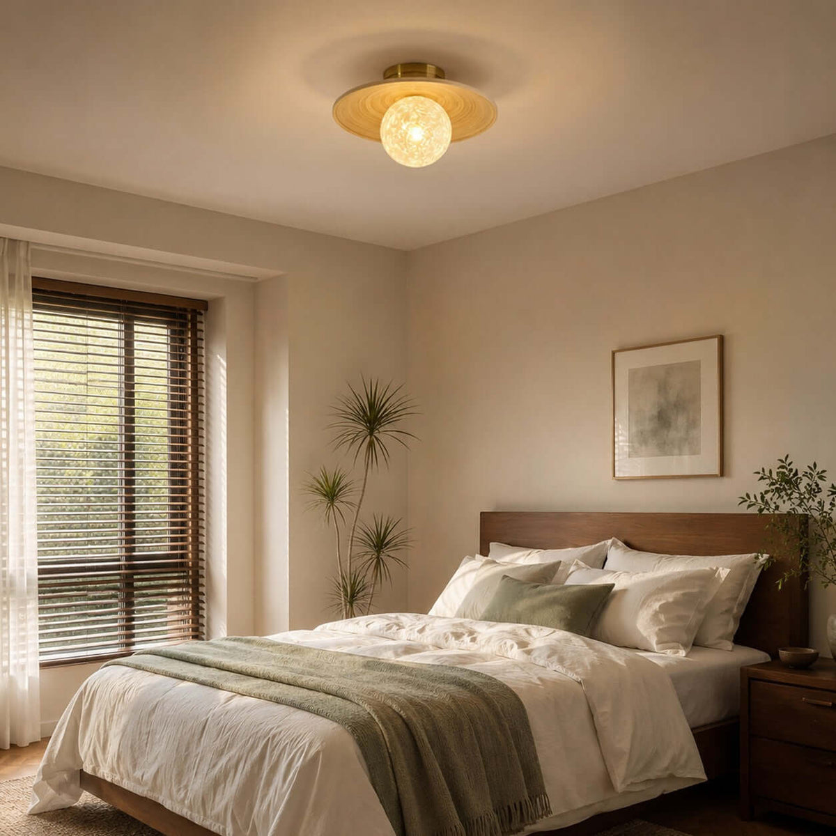 A Clérachic flush light with a frosted globe and bamboo disc sits above a bedroom with white bedding and a sage-green throw.
